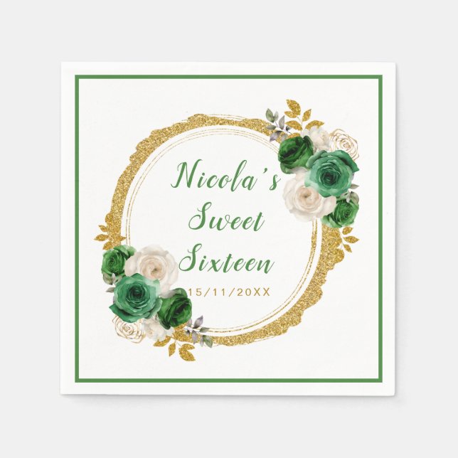 Dark Green and Gold Elegant Flowers Sweet Sixteen Napkin (Front)