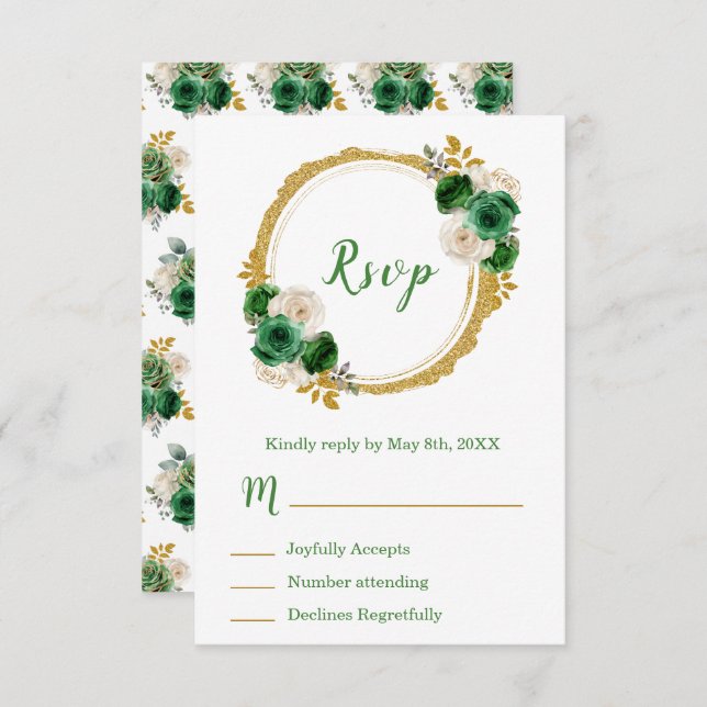 Dark Green and Gold Elegant Flowers Sweet Sixteen RSVP Card (Front/Back)