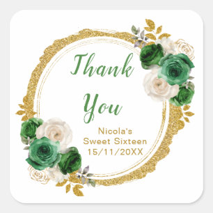 Dark Green and Gold Elegant Flowers Sweet Sixteen Square Sticker