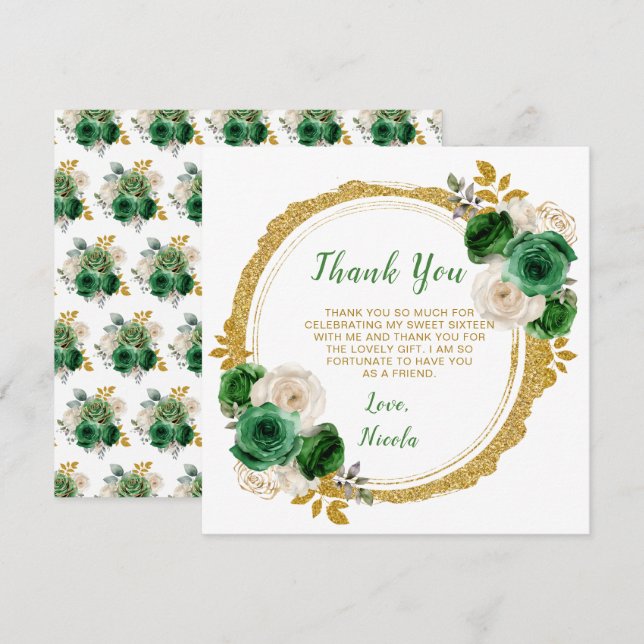 Dark Green and Gold Elegant Flowers Sweet Sixteen Thank You Card (Front/Back)