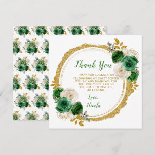 Dark Green and Gold Elegant Flowers Sweet Sixteen Thank You Card