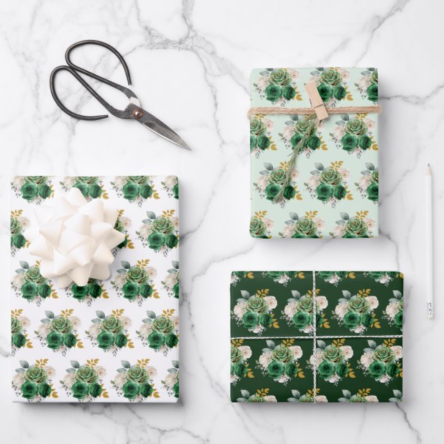 Dark Green and Gold Elegant Flowers Wrapping Paper Sheet (Front)