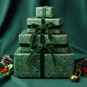 Dark Green and Gold Filigree Holly ID1220 Wrapping Paper