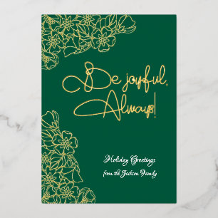 Dark Green and Gold Floral Joyful Photo Christmas Foil Holiday Card