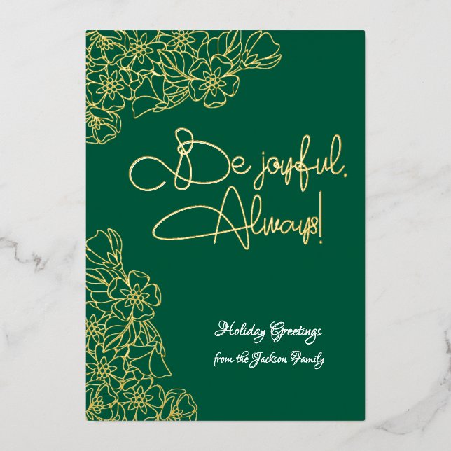 Dark Green and Gold Floral Joyful Photo Christmas Foil Holiday Card (Front)