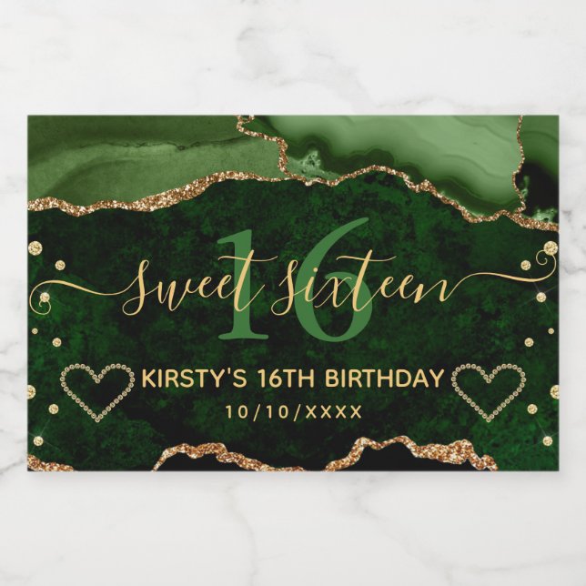 Dark Green and Gold Glitter Agate Marble Sweet 16 Sparkling Wine Label (Single Label)
