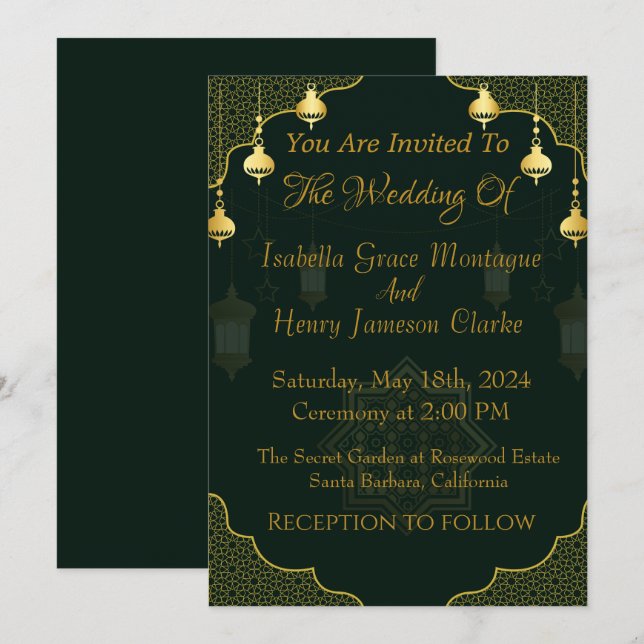 Dark green and gold script wedding invitation (Front/Back)