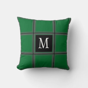 Dark Green and Grey Custom Single Initial Striped Cushion
