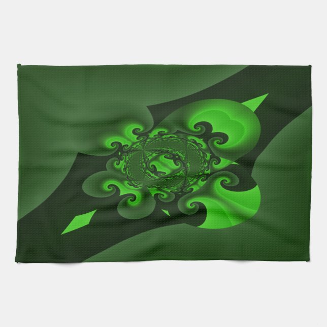 Dark Green And Lime Spiral Wave Tea Towel (Horizontal)
