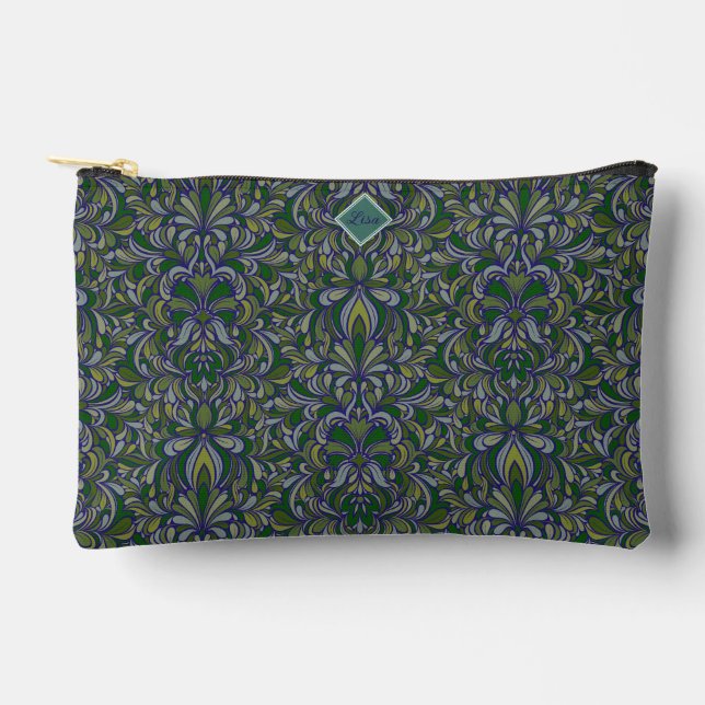Dark Green and Periwinkle Art Nouveau Cut Sew Bag (Front)