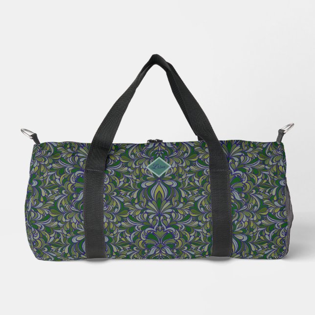 Dark Green and Periwinkle Art Nouveau Cut Sew Bag (Front)