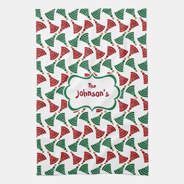 Dark Green and Red Christmas Tree Pattern Tea Towel (Vertical)