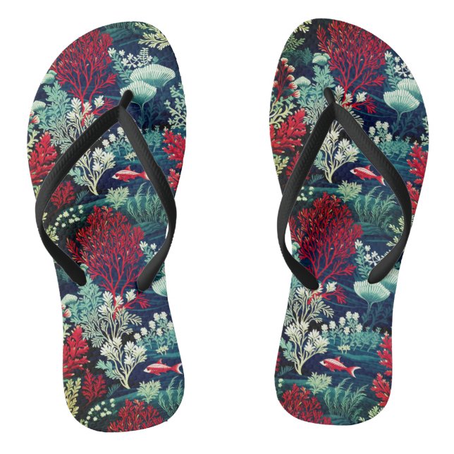 Dark Green and Red Coral Reef  Flip Flops (Footbed)