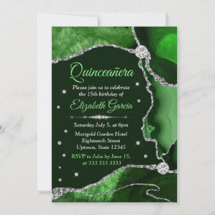 Dark Green and Silver Glitter Agate Quinceanera Invitation