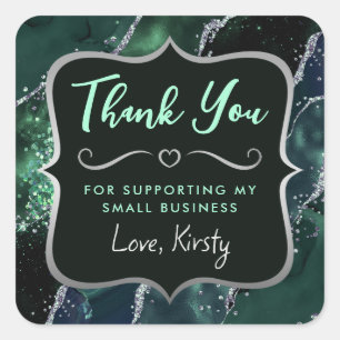 Dark Green and Silver Glitter Agate Small Business Square Sticker