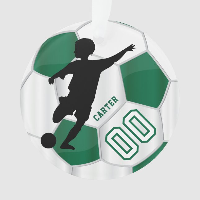 Dark Green and White Personalise Boy Soccer Player Ornament (Front)