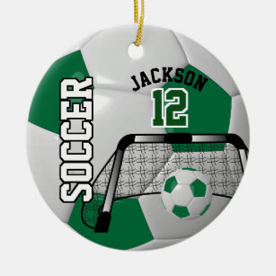 Dark Green and White Personalise Soccer Ball Ceramic Tree Decoration