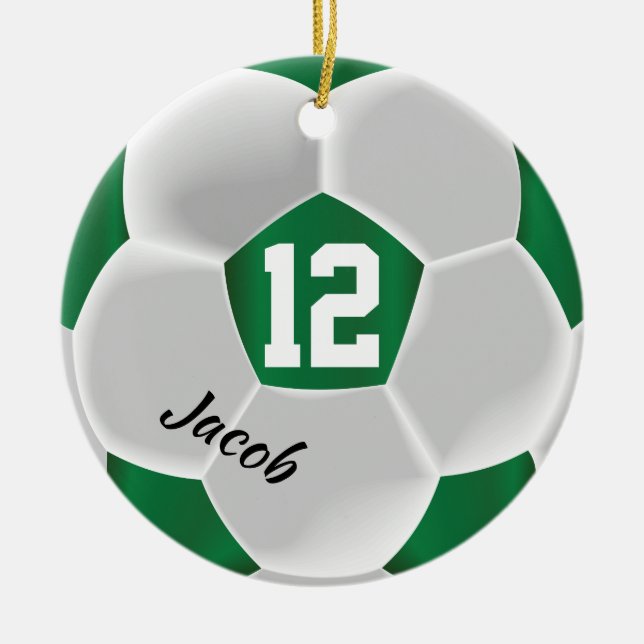 Dark Green and White Soccer Ball Ceramic Tree Decoration (Front)