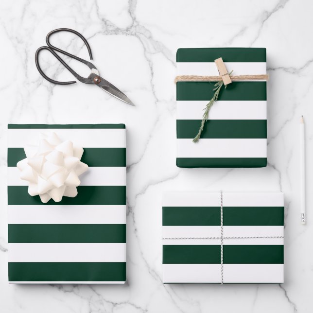 Dark Green and White Stripes Wrapping Paper Sheet (Front)