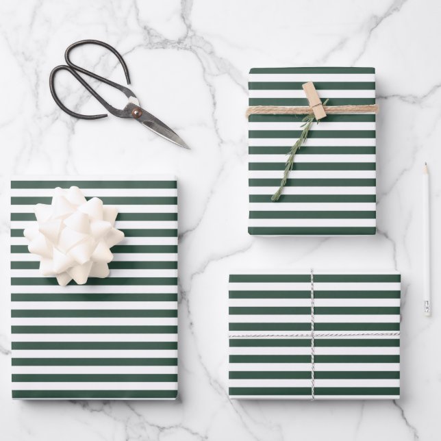 Dark Green and White Stripes  Wrapping Paper Sheet (Front)
