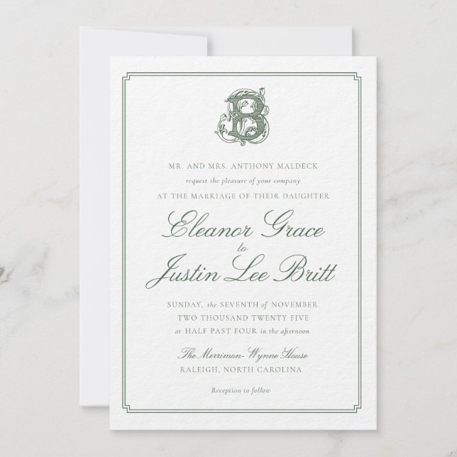 Dark Green "B" Monogram Wedding Invitation (Front)