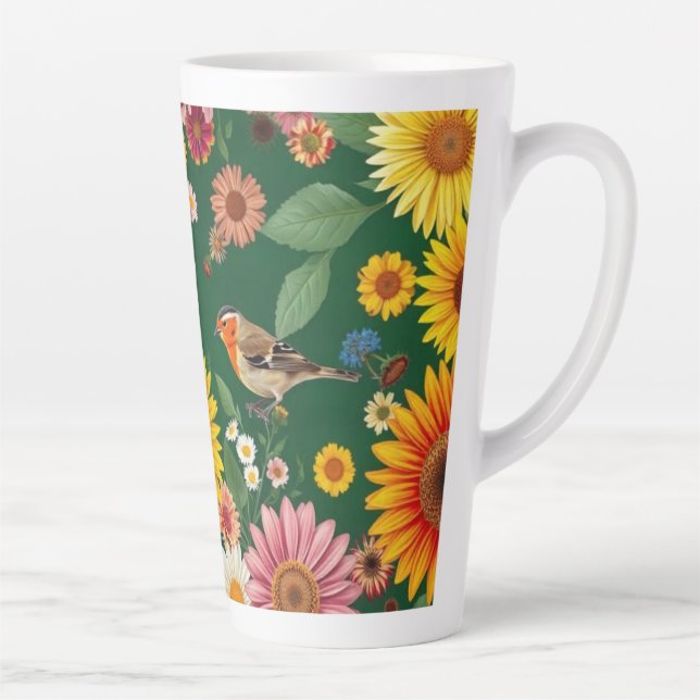 Dark Green Background Birds And Flowers Latte Mug (Right)