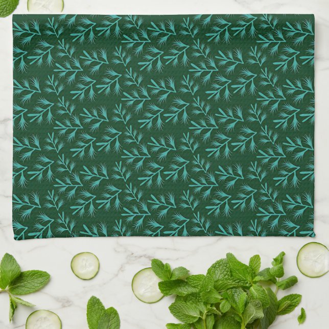  Dark Green Background with Teal Botanical Leaves Tea Towel (Folded)