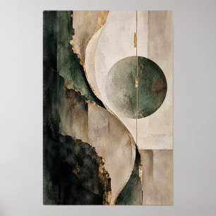 Dark Green Beige Geometric Circle Abstract Wall Ar Poster