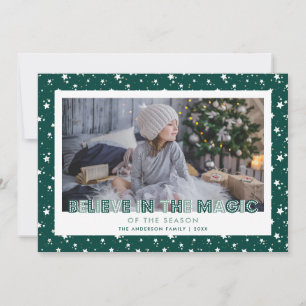 Dark Green Believe In the Magic Stars Photo Holiday Card