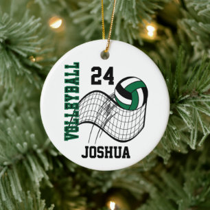 Dark Green, Black and White Volleyball Ceramic Tree Decoration