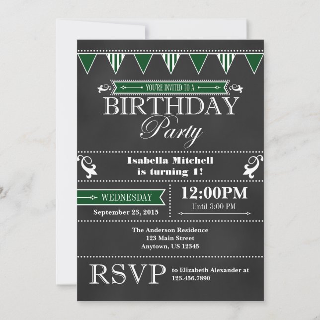 Dark Green Black Chalkboard Birthday Invitation (Front)