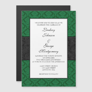 Dark Green Black Damask Magnetic Wedding Invites
