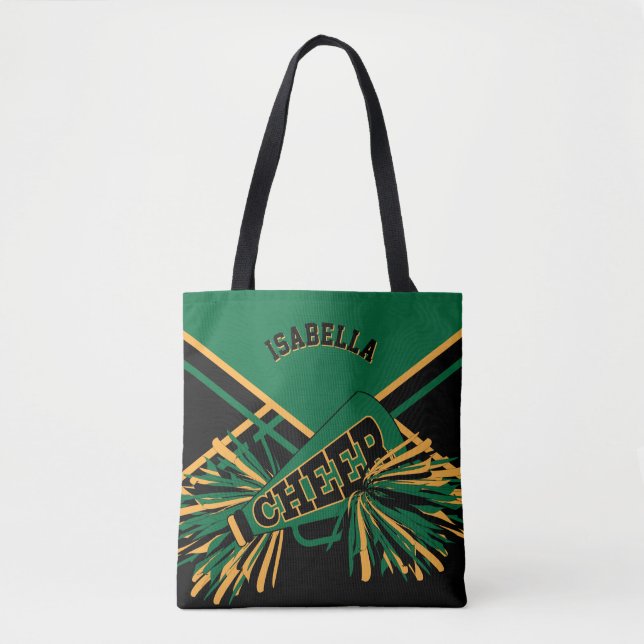 Dark Green, Black & Gold Cheerleader Design Tote Bag (Front)