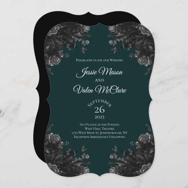 Dark Green Black Grey Roses Gothic Elegant Wedding Invitation (Front/Back)