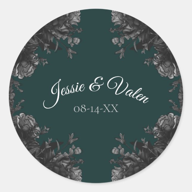 Dark Green Black Grey Roses Gothic Wedding Classic Round Sticker (Front)
