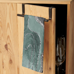 Dark Green Black Marble Agate Silver Glam #1  Tea Towel