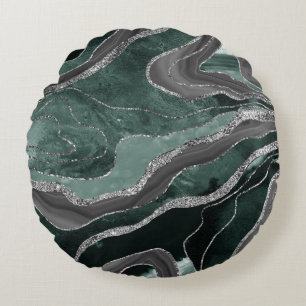 Dark Green Black Marble Agate Silver Glitter Glam Round Cushion