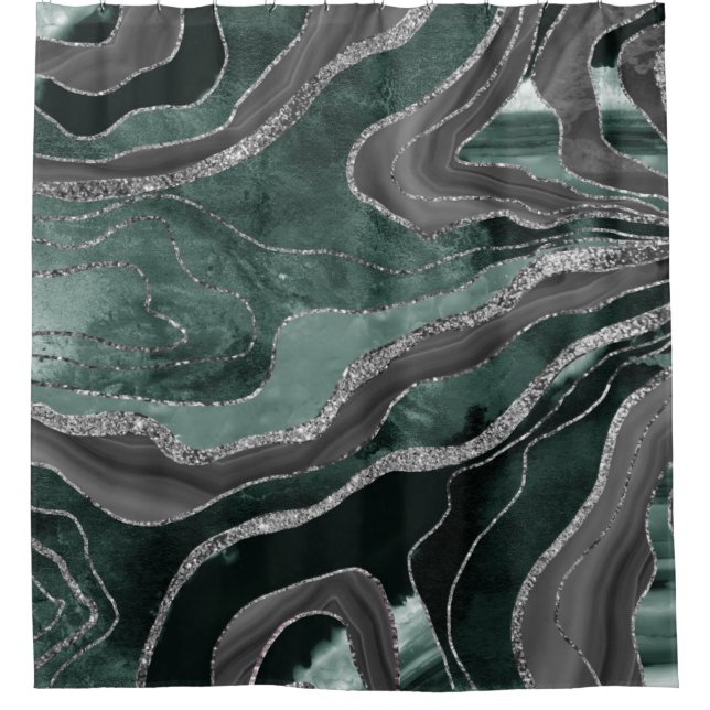 Dark Green Black Marble Agate Silver Glitter Glam  Shower Curtain (Front)