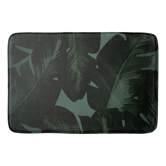 Dark Green & Black Tropical Palm Leaves Tropics Bath Mat (Front)