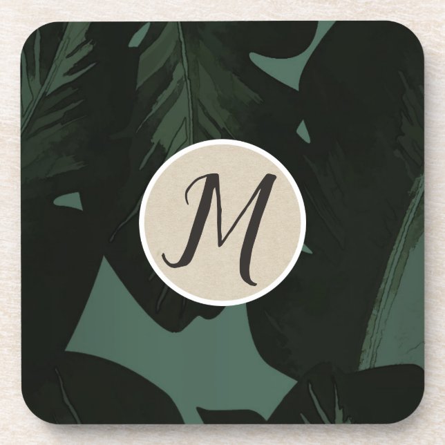 Dark Green & Black Tropical Palm Leaves Tropics Coaster (Front)