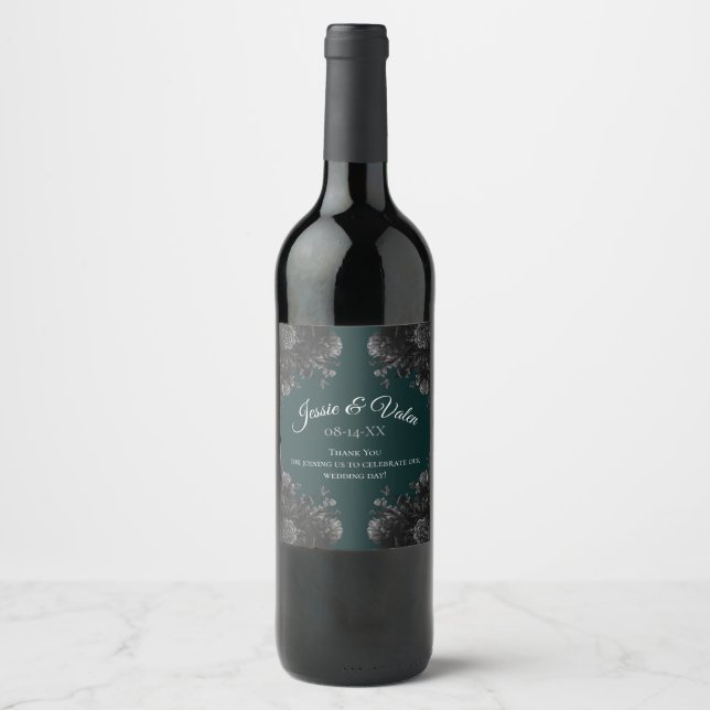 Dark Green Black Wedding Wine Label (Front)