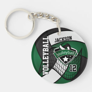 Dark Green, Black & White Volleyball Design Key Ring