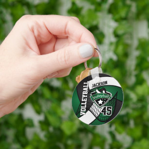 Dark Green, Black & White Volleyball Design Key Ring