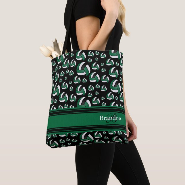 Dark Green, Black & White Volleyball  Personalise  Tote Bag (Close Up)
