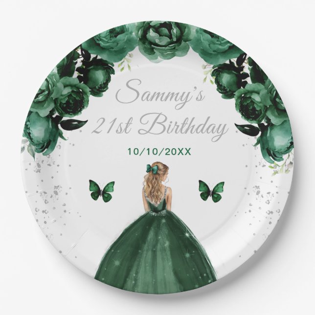 Dark Green Blonde Hair Princess Birthday Party Paper Plate (Front)