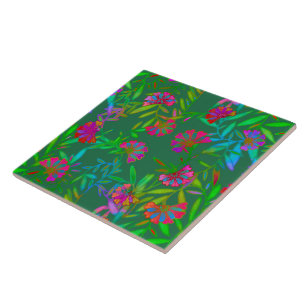 Dark Green Blooming Rainforest Vine Chintz Tile