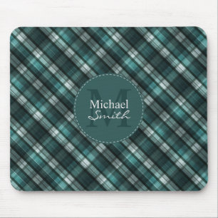 Dark Green (Blue Green) Plaid Striped Monogram Mouse Mat