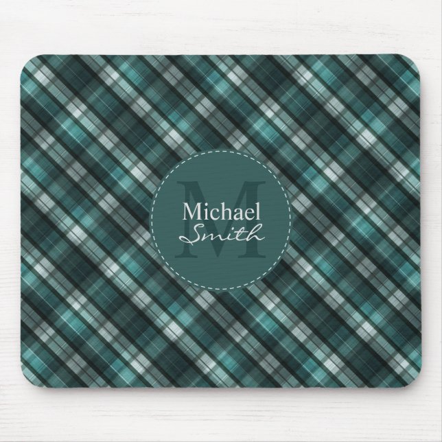 Dark Green (Blue Green) Plaid Striped Monogram Mouse Mat (Front)