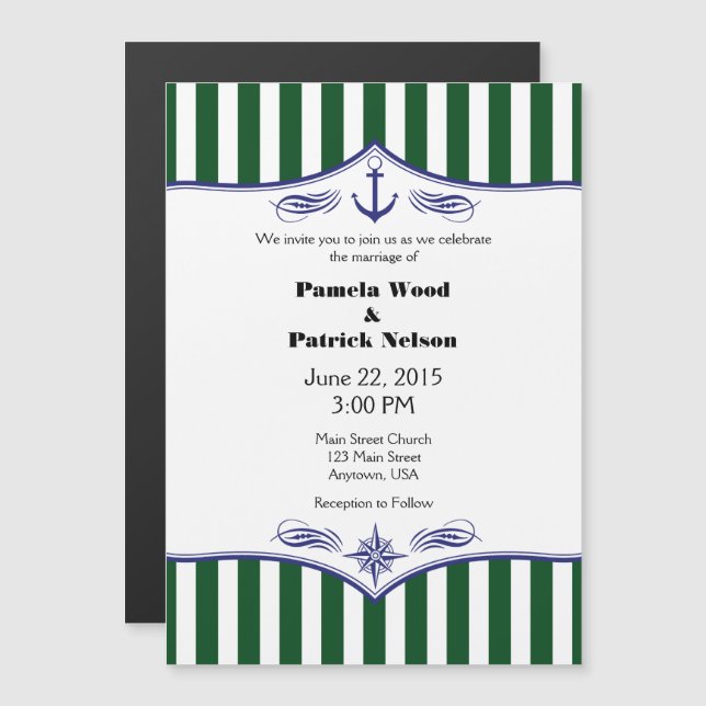 Dark Green Blue Magnetic Nautical Wedding Invites (Front/Back)
