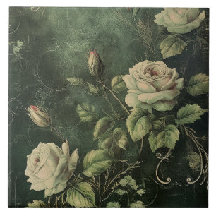 Dark Green Blush Rose  Tile